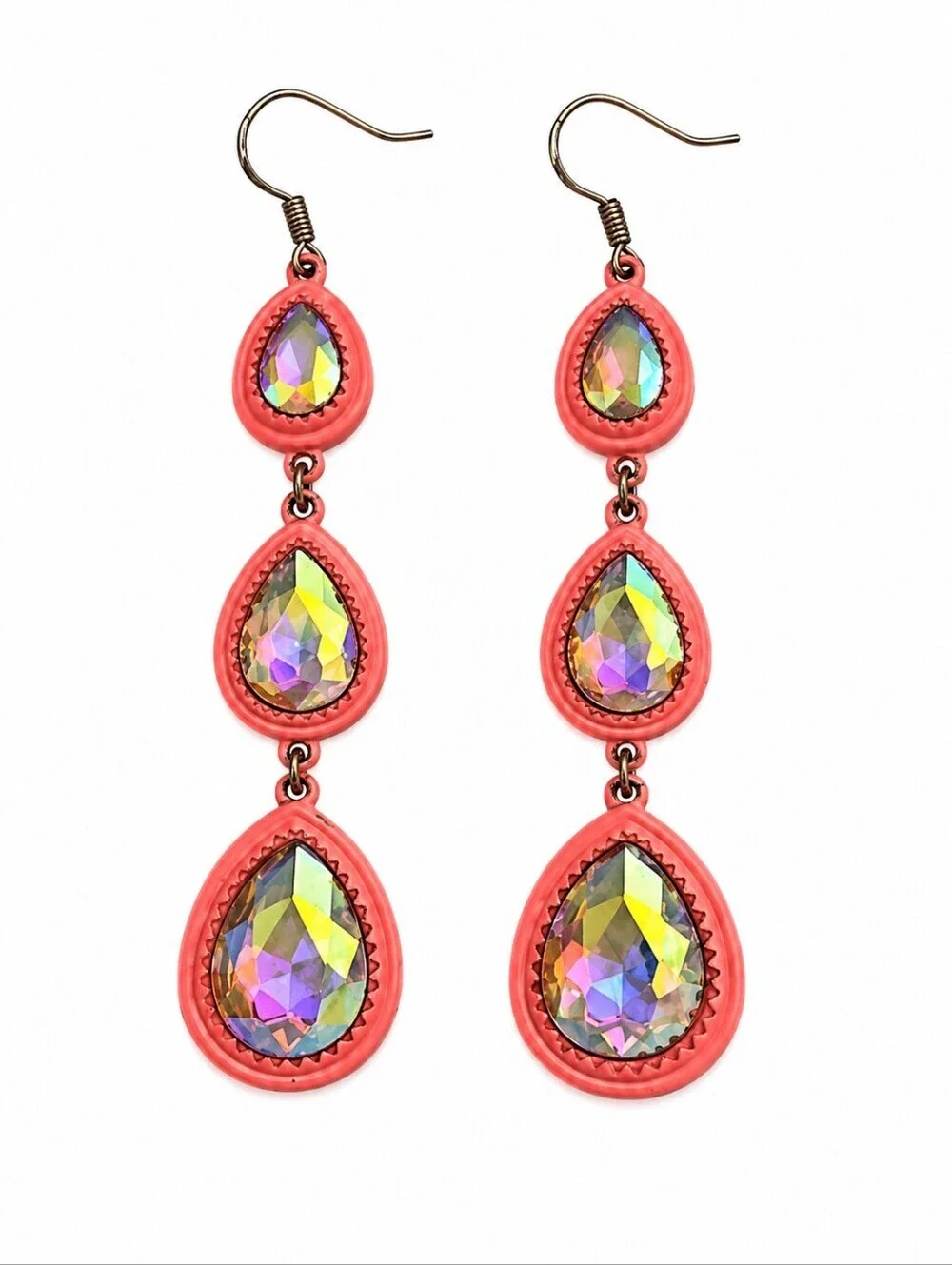 Vtg 1980s Neon Pink Aurora Borealis Metal Teardrop Festival Dangle Earrings